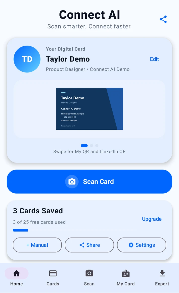 Connect AI home screen with a fictional digital business card and a Scan Card button.