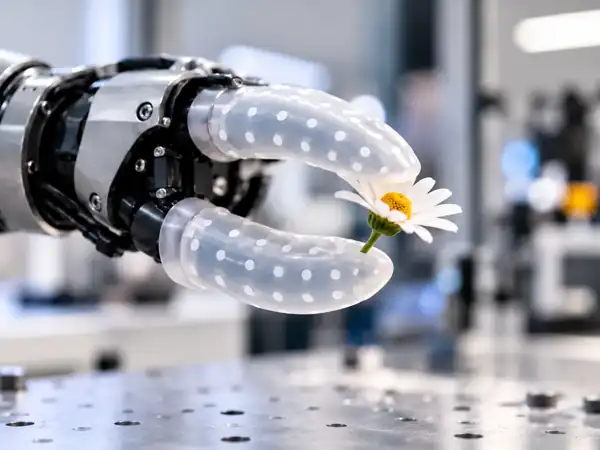 Robotic gripper with soft electronic skin gently holding a flower